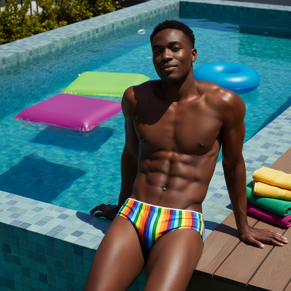Rainbow-striped swim briefs worn beside a pool