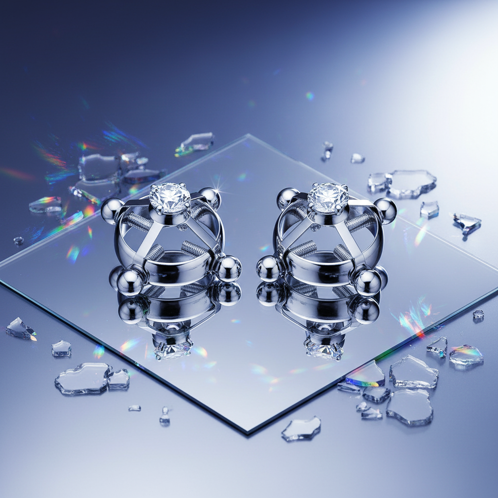 Chrome nipple clamps with large clear jeweled tops and ball accents on a mirrored surface