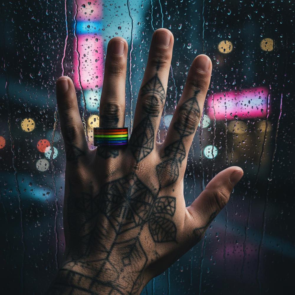 Rainbow Pride flag ring worn on a tattooed hand against a rainy neon-lit window
