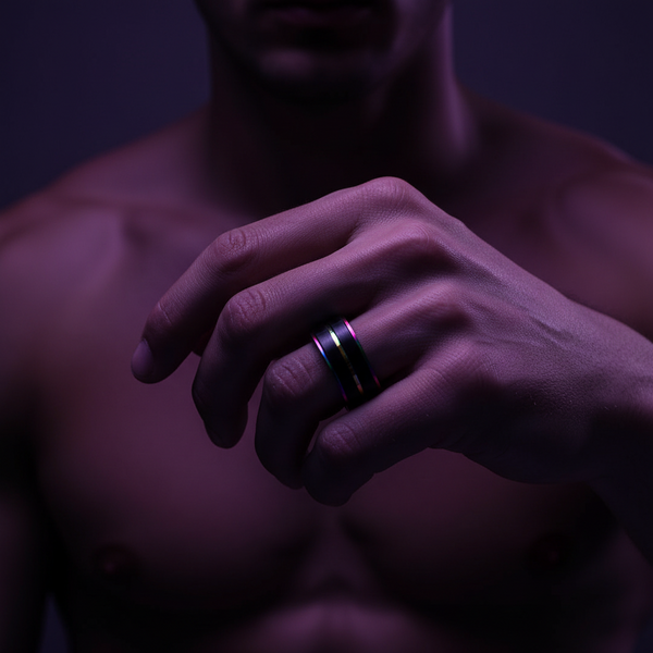 A shirtless figure displays a Black Gay Promise Ring, featuring neon stripes, in moody purple lighting. The wide band symbolizes pride, embodying fierce LGBTQIA+ visibility and empowerment.