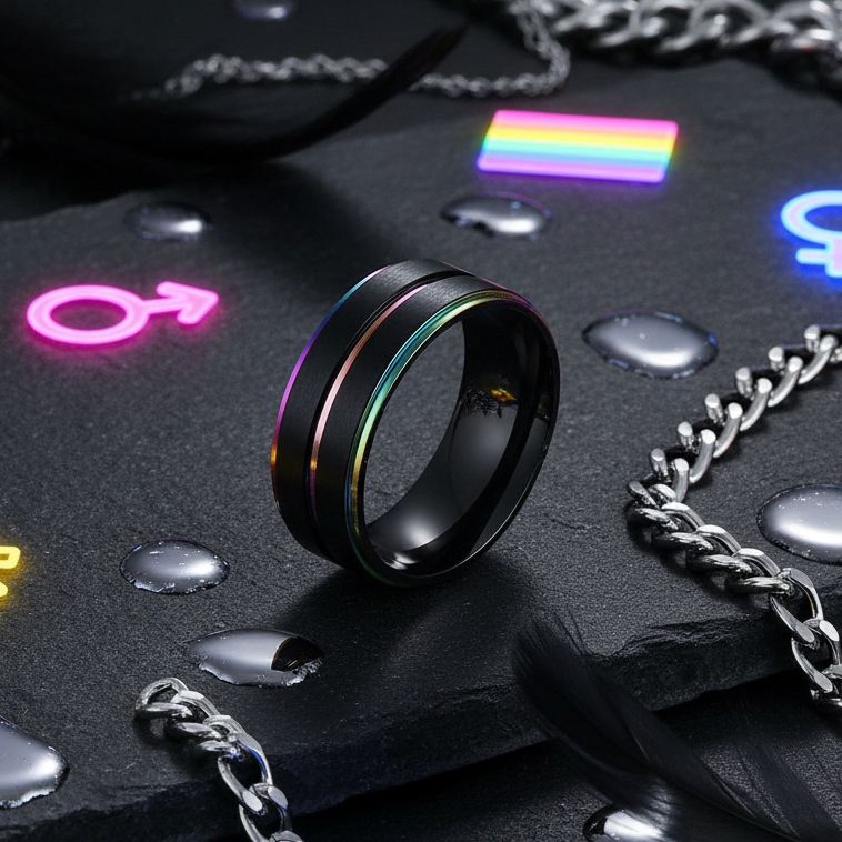 Black Gay Promise Ring on slate, featuring a sleek black metal band with rainbow-tone edges, surrounded by water droplets, a chain, and LGBTQ+ symbols. A bold statement of pride and self-expression.