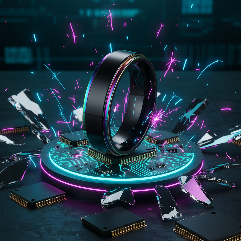 Black Chromatica Pride Ring hovers above a glowing circuit board, surrounded by neon cyan and magenta lights. This sleek zinc alloy ring embodies LGBTQIA+ pride, empowerment, and bold self-expression.