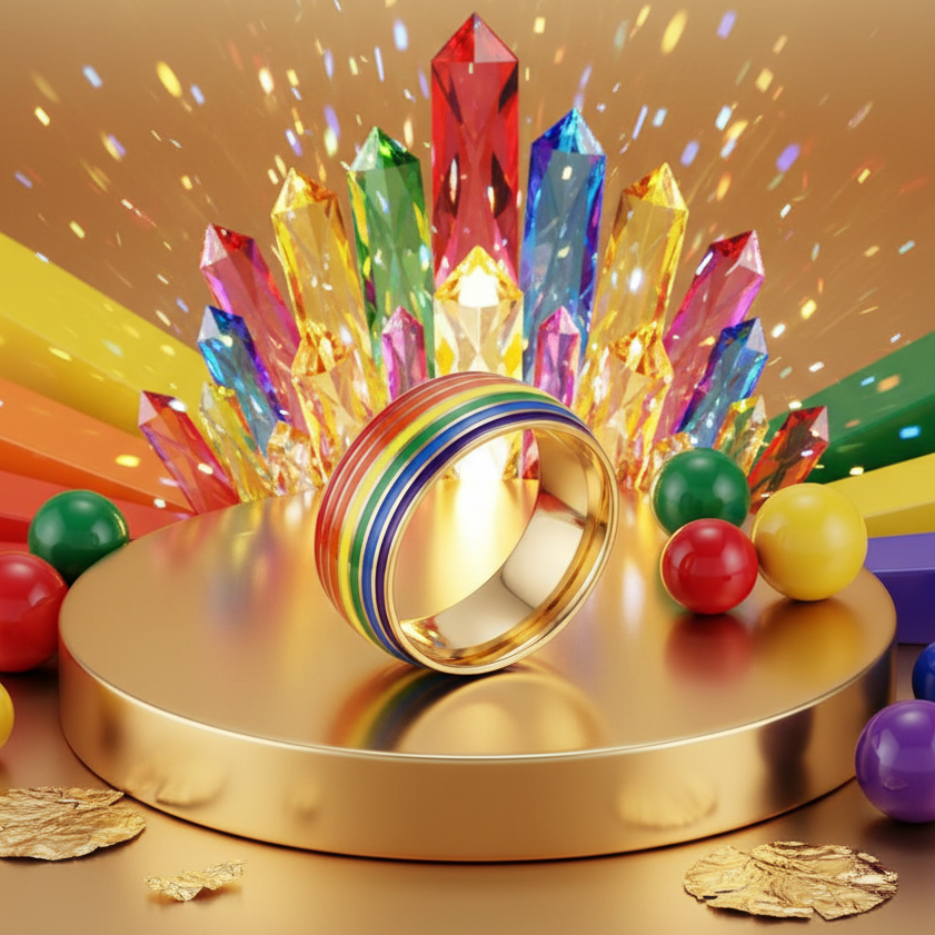 Gold Queer Ring with Pride rainbow stripes on a gold band, showcased among vibrant crystal prisms and spheres, embodying bold, joyful queer empowerment and self-expression.
