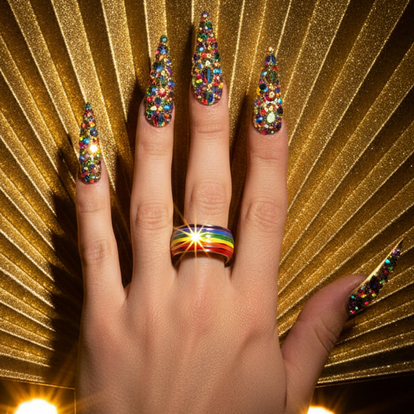 A bold hand with stiletto nails glistens with rhinestones. The Gold Queer Ring, with vibrant rainbow stripes, symbolizes pride and empowerment, perfect for showcasing love and self-expression.