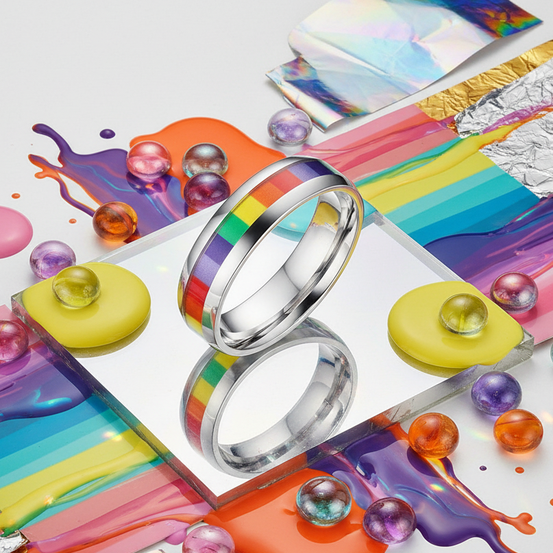 Striped Gay Ring with a rainbow-stripe pattern on a polished metal band, showcased amidst colorful paint drips, jewel-toned marbles, and iridescent foil, celebrating LGBTQIA+ pride and self-expression.