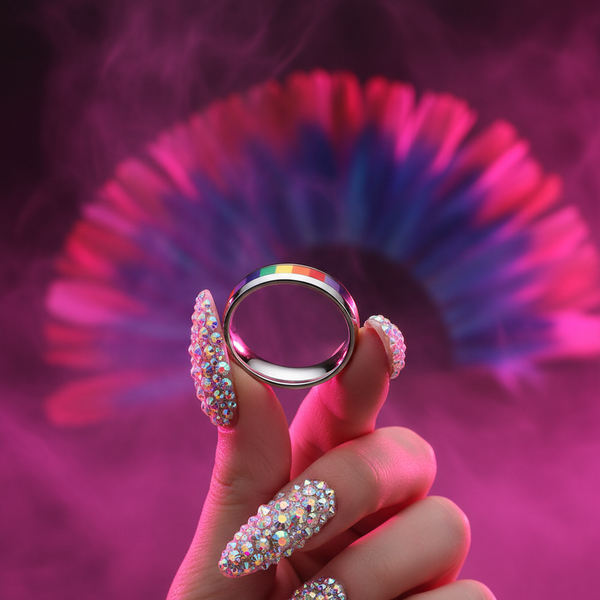 Close-up of a hand showcasing the Striped Gay Ring, a polished metal band with a vibrant rainbow stripe, reflecting pride and empowerment through bold, iridescent rhinestone-adorned nails.