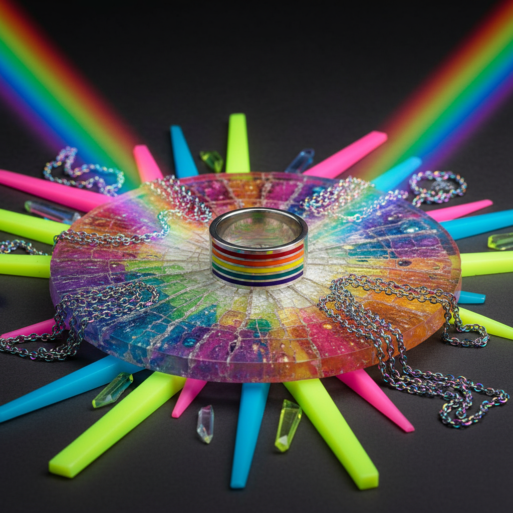Rainbow-striped metal ring centered on a colorful circular display with neon rods and chains