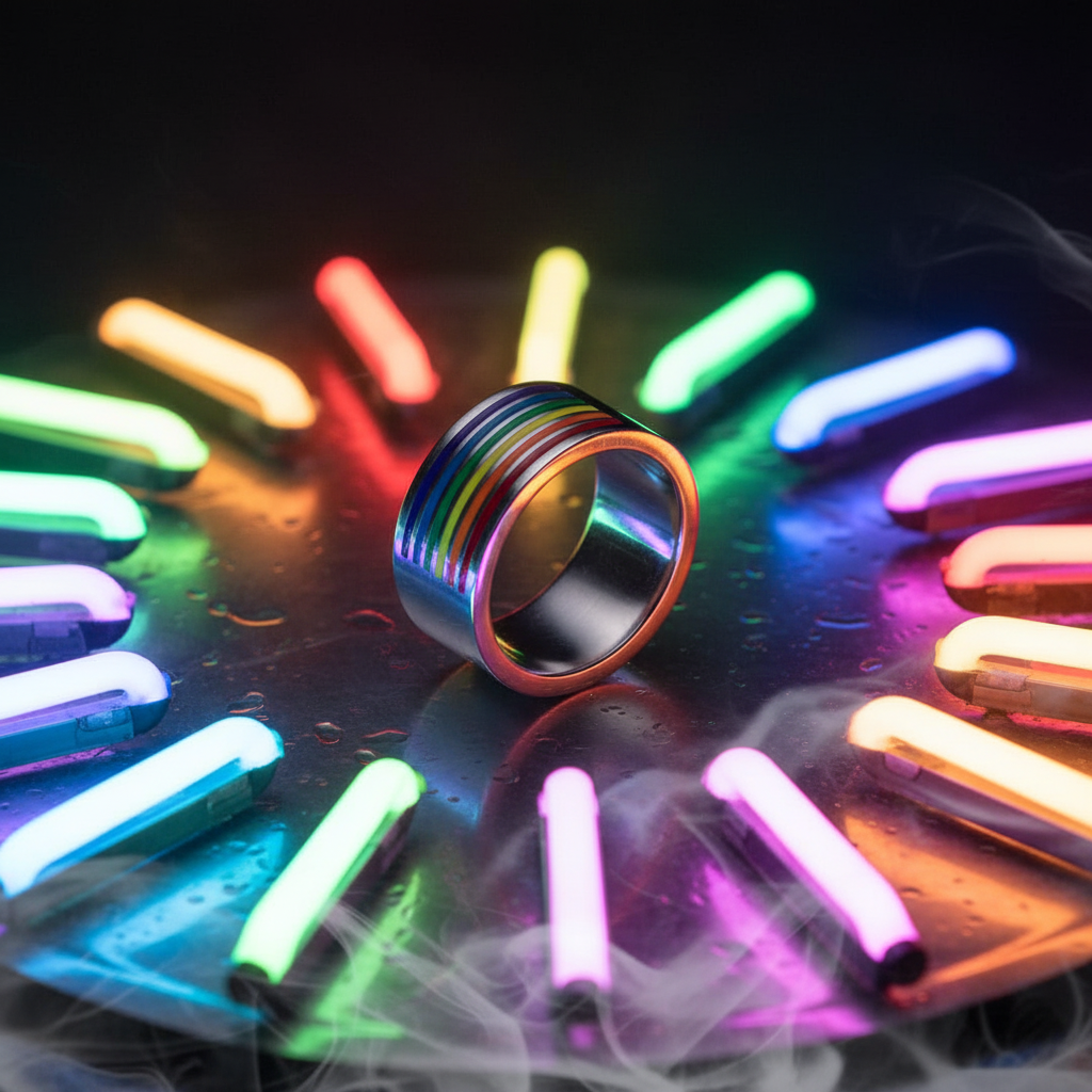 Rainbow Pride Flag Ring in metallic tones with vivid rainbow grooves, resting on a reflective wet surface, surrounded by glowing neon tubes, symbolizing pride, visibility, and empowerment for LGBTQIA+ self-expression.