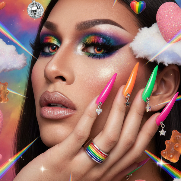 Pride LGBTQ Ring with rainbow stripes on a chunky band, surrounded by vivid, multi-hued makeup and neon nails, embodying bold self-expression and queer pride against a whimsical, dreamlike backdrop.