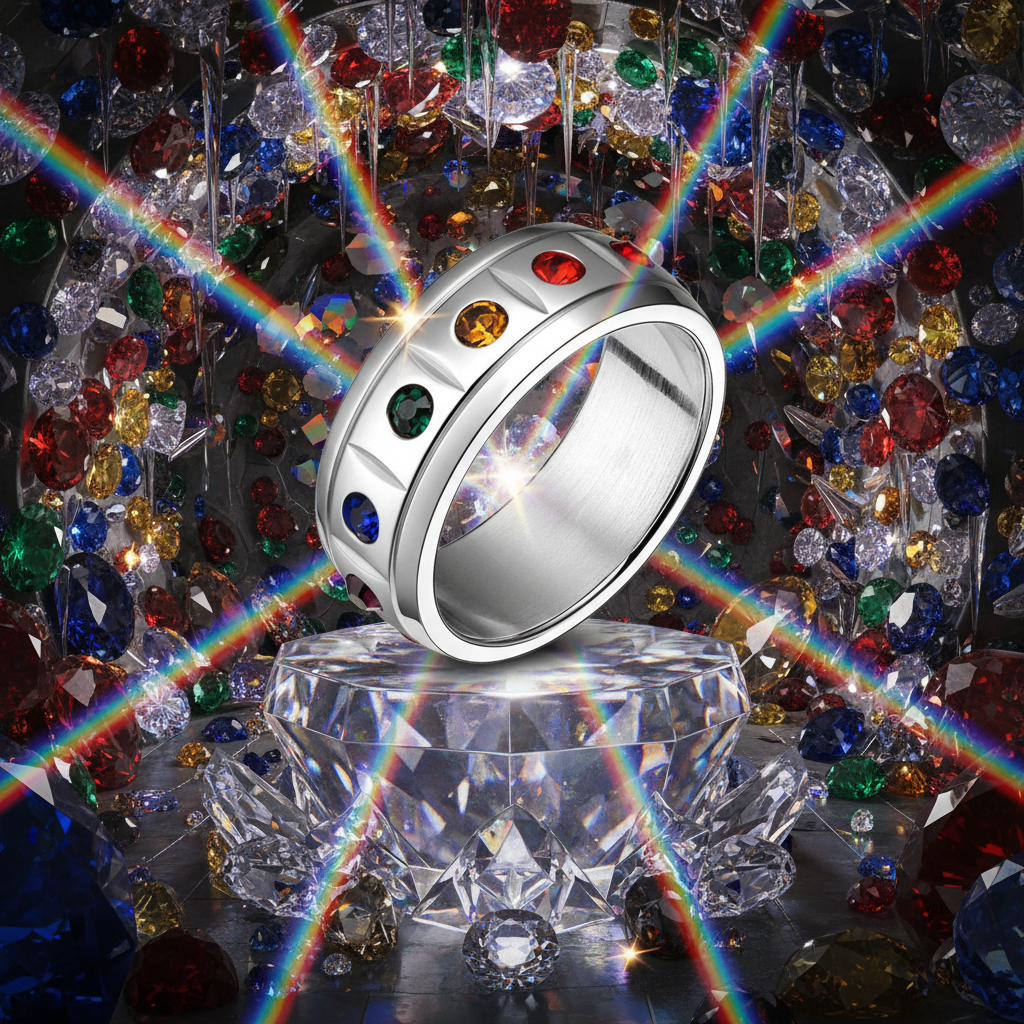 Rainbow Jeweled Pride Ring featuring vibrant gemstones on a polished metal band, elegantly displayed above a crystal pedestal with a dazzling, colorful backdrop, embodying bold queer empowerment and self-expression.
