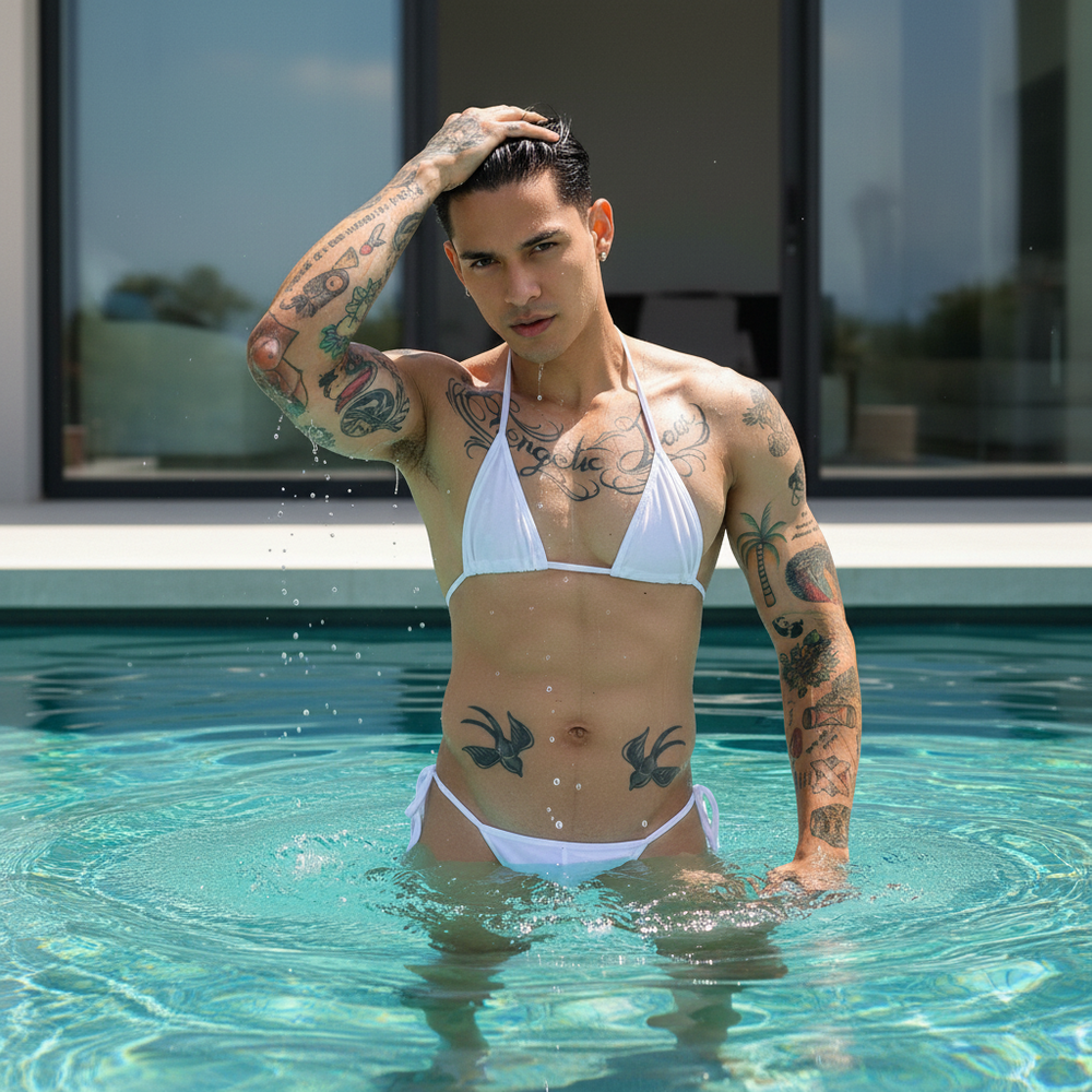 Tattooed person in a white string bikini standing waist-deep in a pool