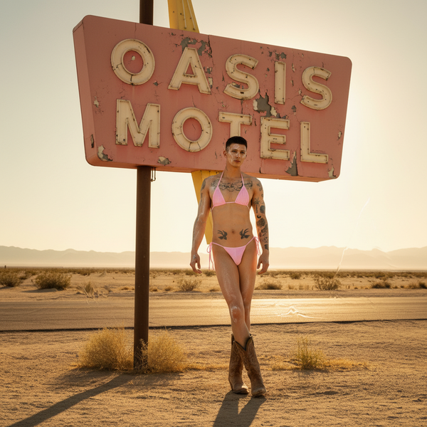 Front-facing model wearing a pink string bikini beneath a weathered oasis motel sign