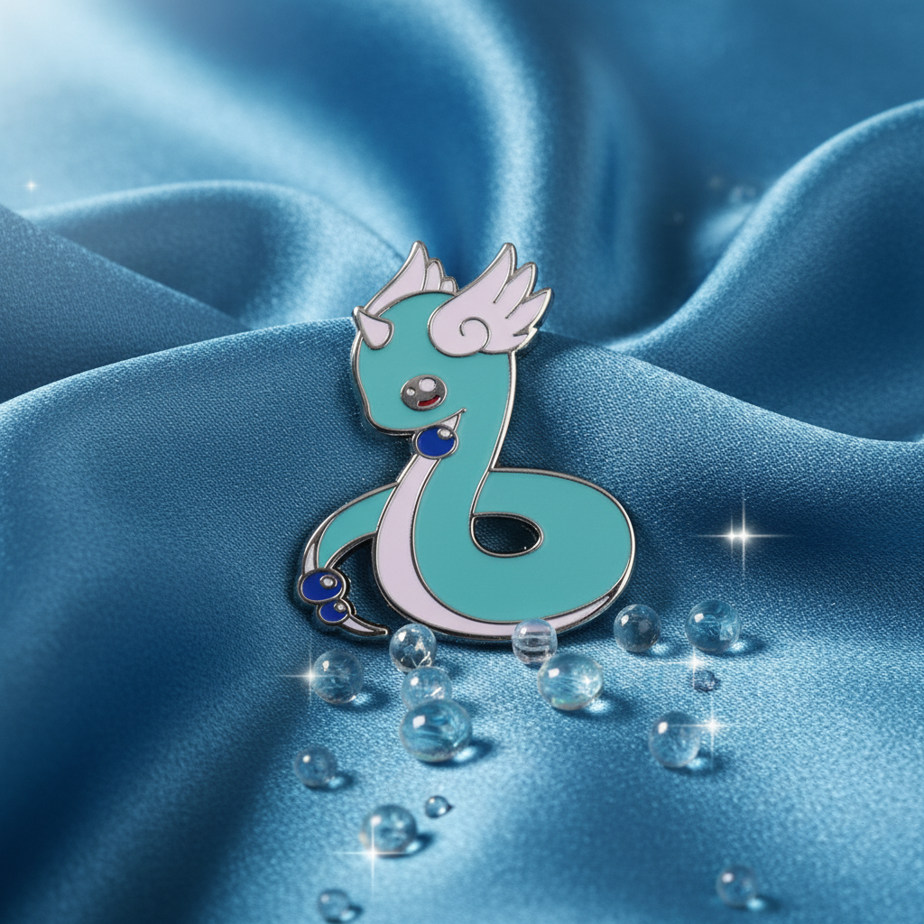 Cute Dratini Enamel Pin: A mint-green, snake-like dragon with a unicorn horn and bead accents, symbolizing pride and self-expression. Set on satiny fabric, it embodies bold, joyful queer energy.