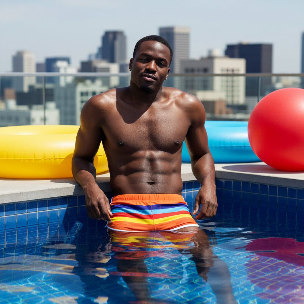Striped rainbow swim trunks worn by a model in a rooftop pool
