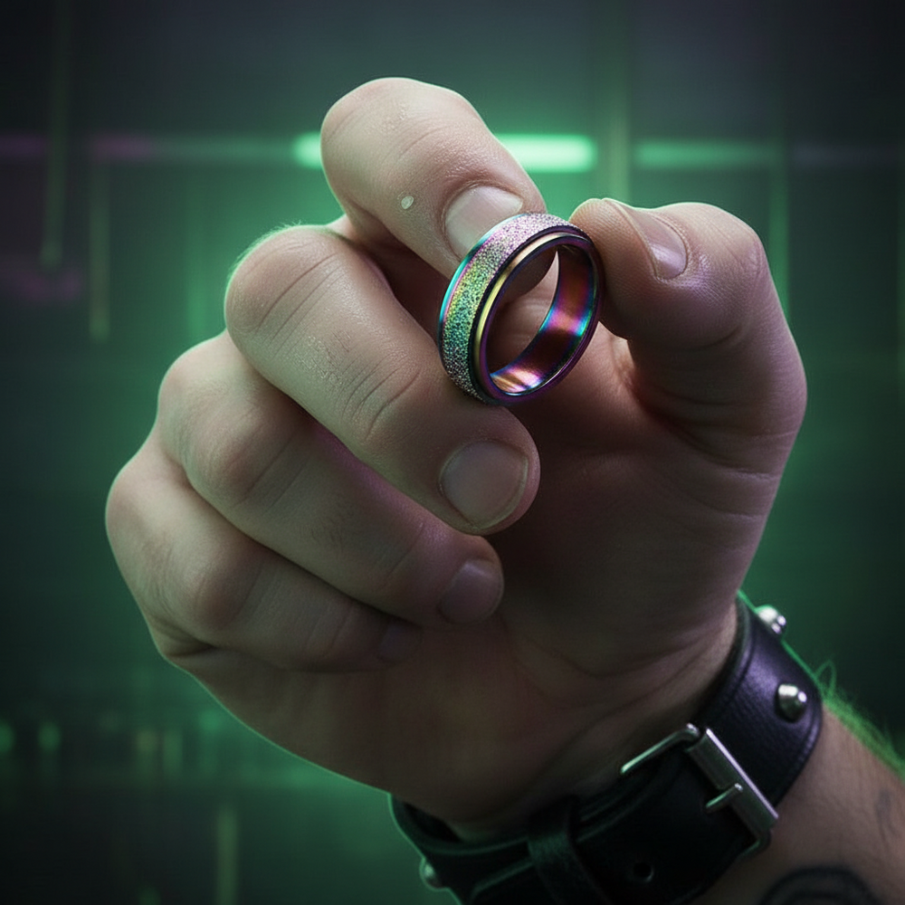 Close-up hand holding a rainbow-iridescent ring with a textured outer band