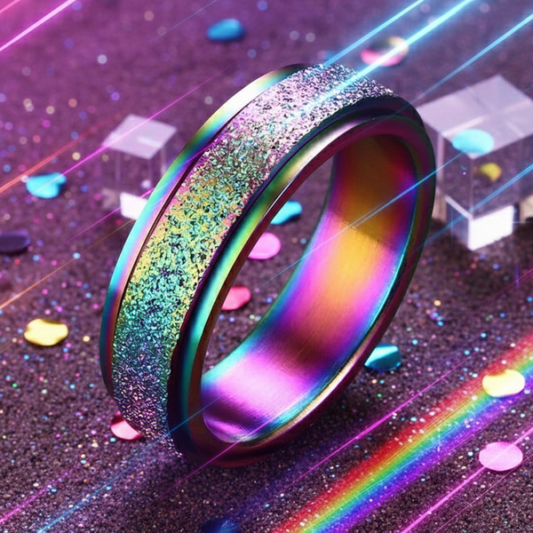 Iridescent rainbow spinner ring standing at an angle on a glittery surface