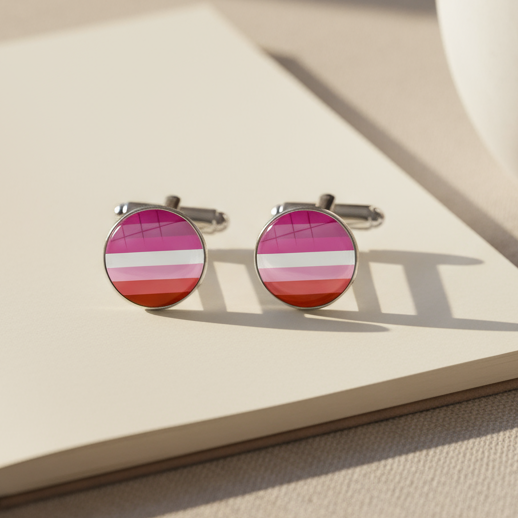 Pair of round pink, white, and red-striped cufflinks on a cream notebook