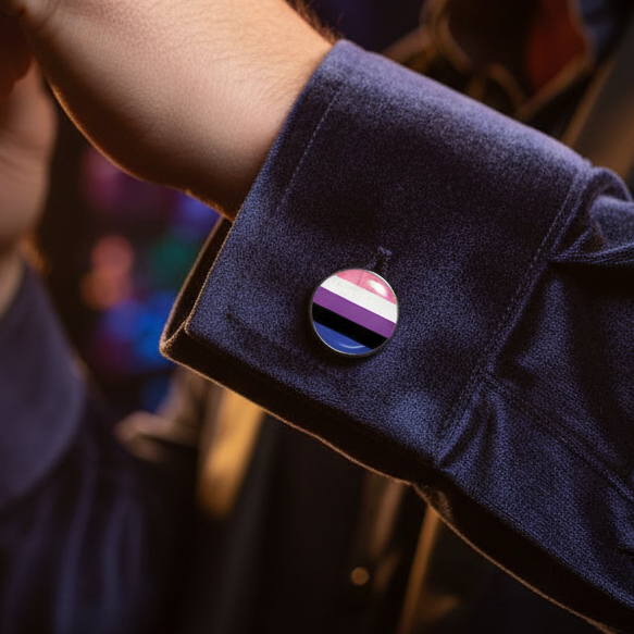 Close-up of a round genderfluid pride cufflink on a dark blue shirt cuff