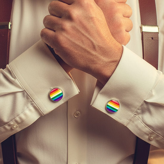 Close-up of white shirt cuffs with matching rainbow-striped round cufflinks