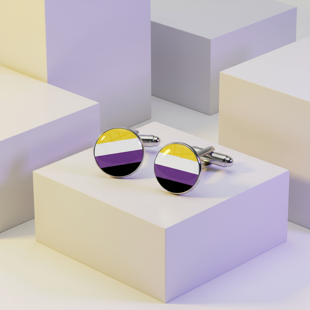 Pair of round silver cufflinks with yellow, white, purple, and black stripes on a pedestal