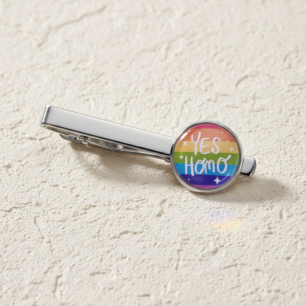 Silver tie clip with a round, rainbow-striped badge showing “YES HOMO” in bold white letters and stars; queer pride style.