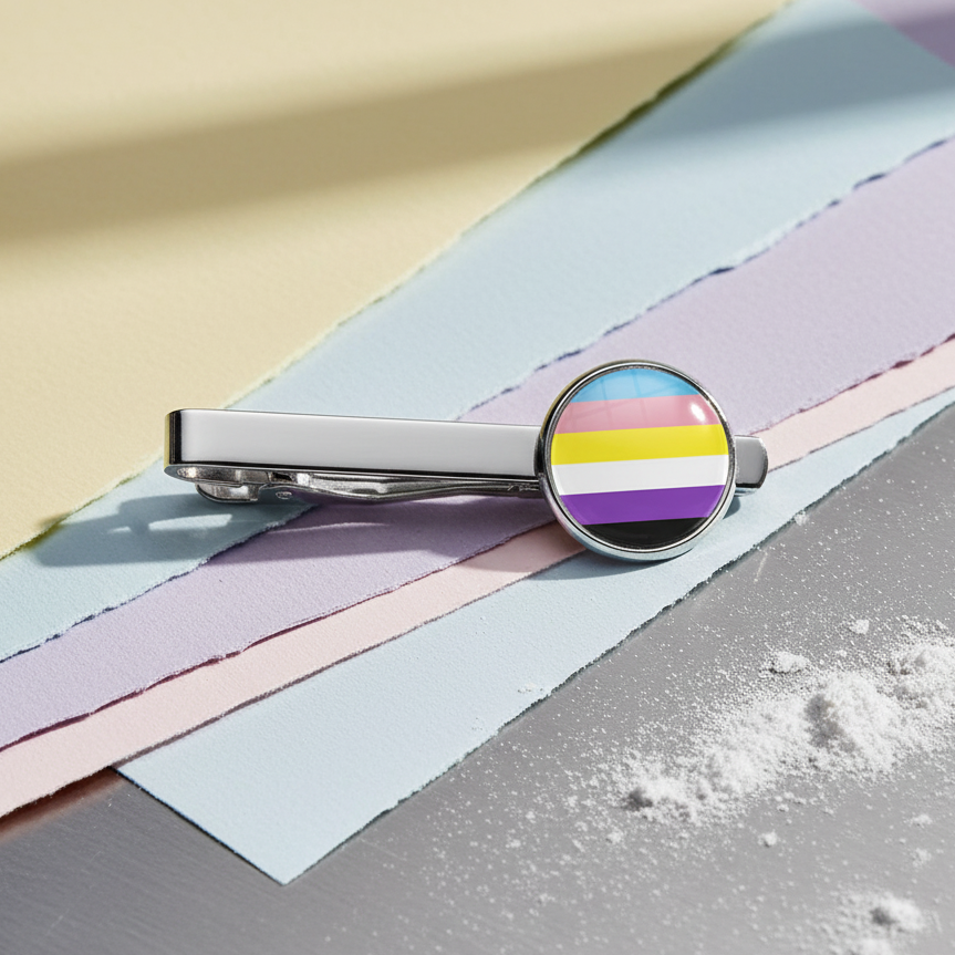 Nonbinary Trans Pride tie clip with a silver finish, circular end, and yellow, white, purple, black stripes on pastel torn paper.