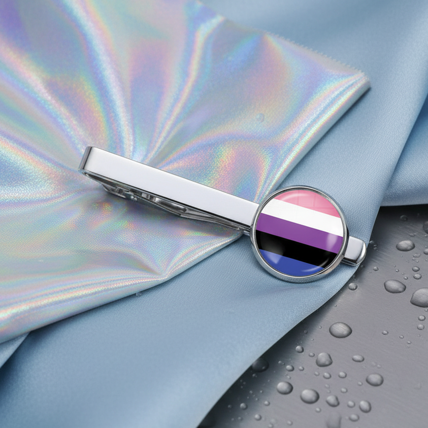 Genderfluid tie clip with a round emblem showing pink, white, purple, black, and blue stripes. Set on blue satin; gray background with water drops.