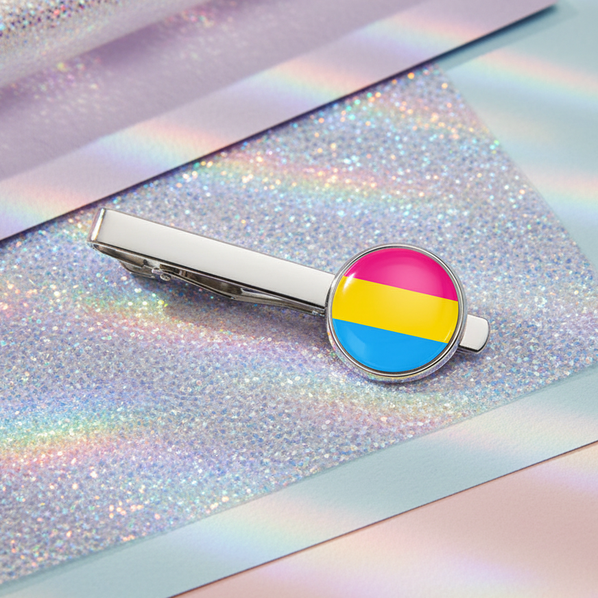 Pansexual Pride tie clip with a silver round emblem in pink, yellow, and blue stripes on iridescent pastel-bordered paper.