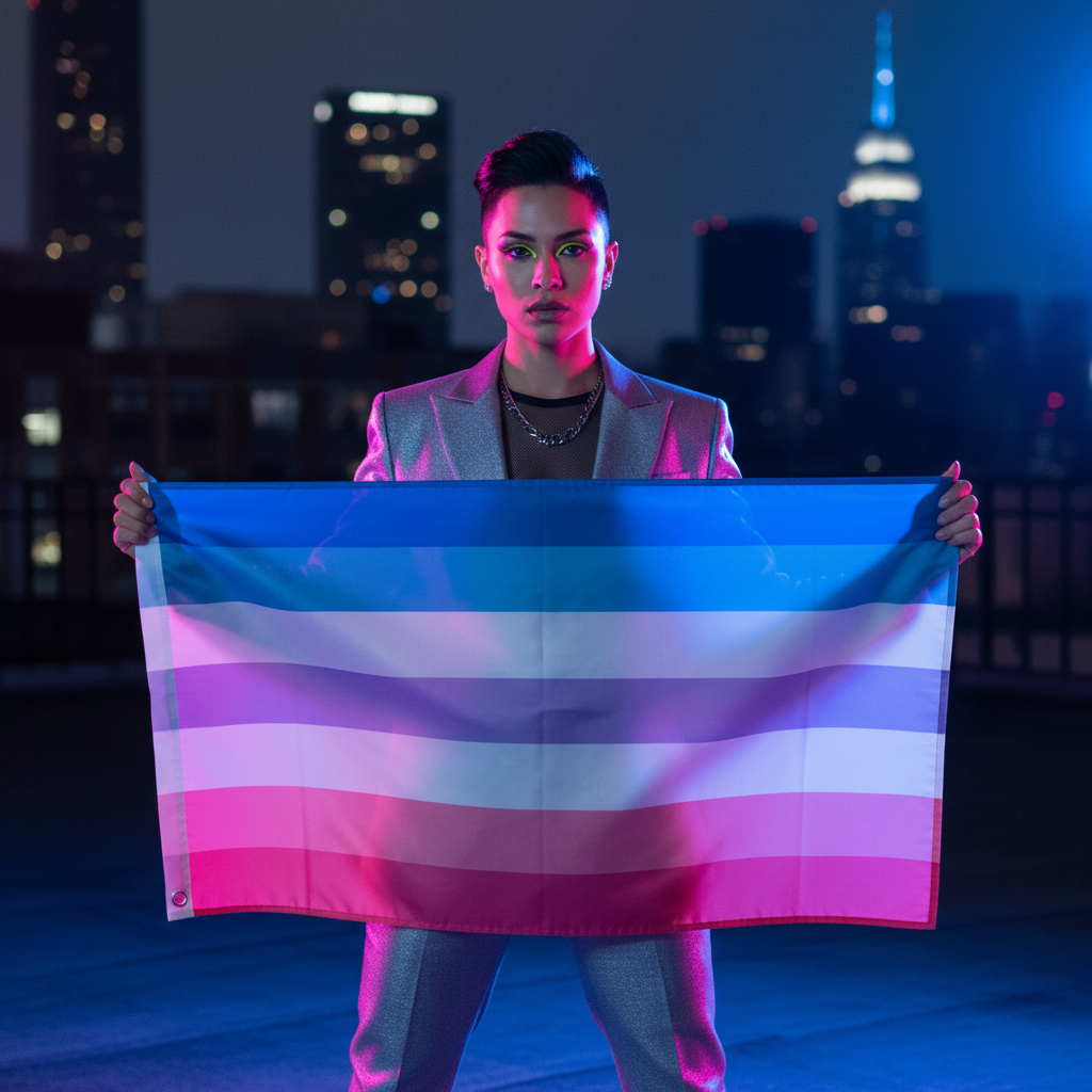 A person on a rooftop holds a Bigender Pride Flag, showcasing light blue, pink, and white stripes. Neon pink and blue lighting enhances the empowering, vibrant display of queer pride and visibility.