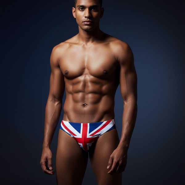 Muscular man faces forward in Union Jack swim briefs with adjustable waist, arms relaxed, celebrating queer athletic pride.