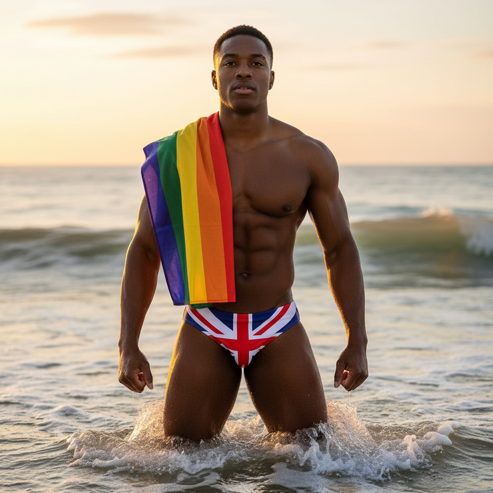 Front-facing person kneeling in ocean wearing Union Jack swim briefs with a rainbow flag over one shoulder