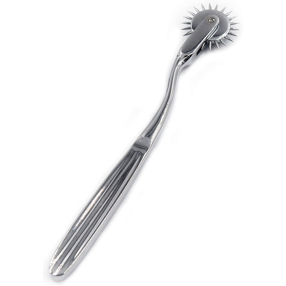 Chrome Wartenberg pinwheel with a spiked rotating wheel and ridged handle on white