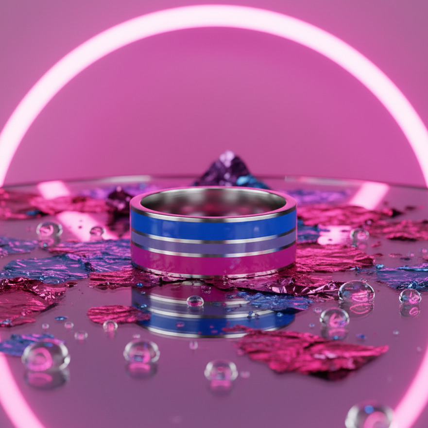 Bisexual Pride Ring: A stainless steel band with vibrant blue, silver, and pink stripes, surrounded by shimmering foil shards, embodying LGBTQIA+ pride and self-expression with fierce, joyful queer energy.