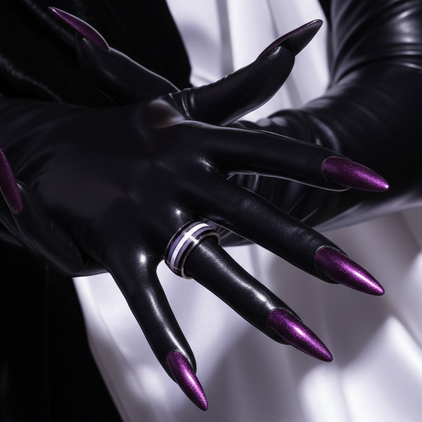 A hand in glossy black latex gloves wears the Asexual Pride Ring, a silver-and-white striped band, with stiletto metallic purple nails, embodying bold queer self-expression and empowerment.