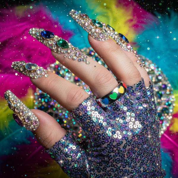 Rainbow Hearts Pride Ring on a hand with a purple sequin glove and rhinestone-studded nails; the ring features vibrant heart motifs, embodying fierce LGBTQIA+ pride and bold self-expression.