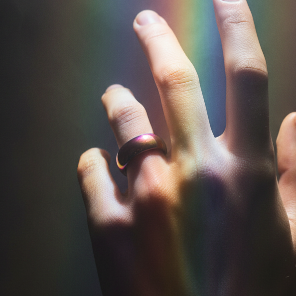 Close-up of a hand wearing a dark metallic ring with rainbow light reflections