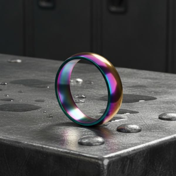 Iridescent rainbow-finish eternity ring standing upright on a wet dark metal surface