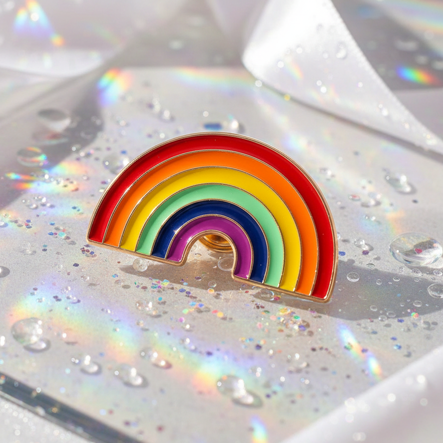 LGBT Rainbow Enamel Pin on a holographic surface with water droplets and glitter, embodying vibrant queer pride and self-expression. Perfect for celebrating LGBTQIA+ visibility and empowerment with bold, joyful energy.