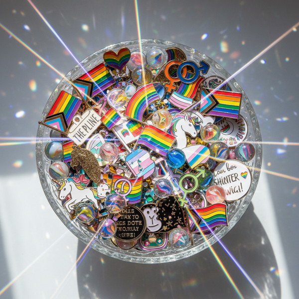 Someone holds the Lucky Dip Collection Of 20+ Random Enamel Pins! in a clear tote