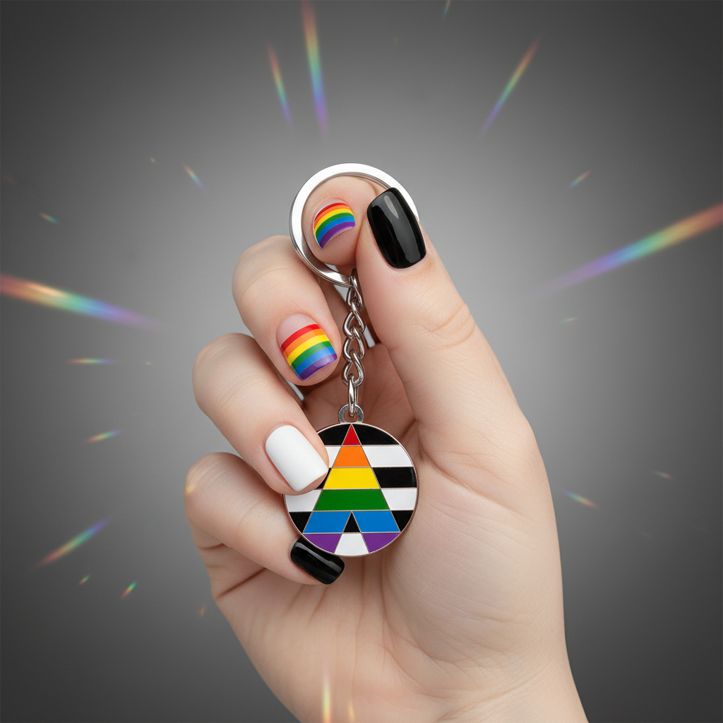 Rainbow-striped ally symbol keychain held in a hand