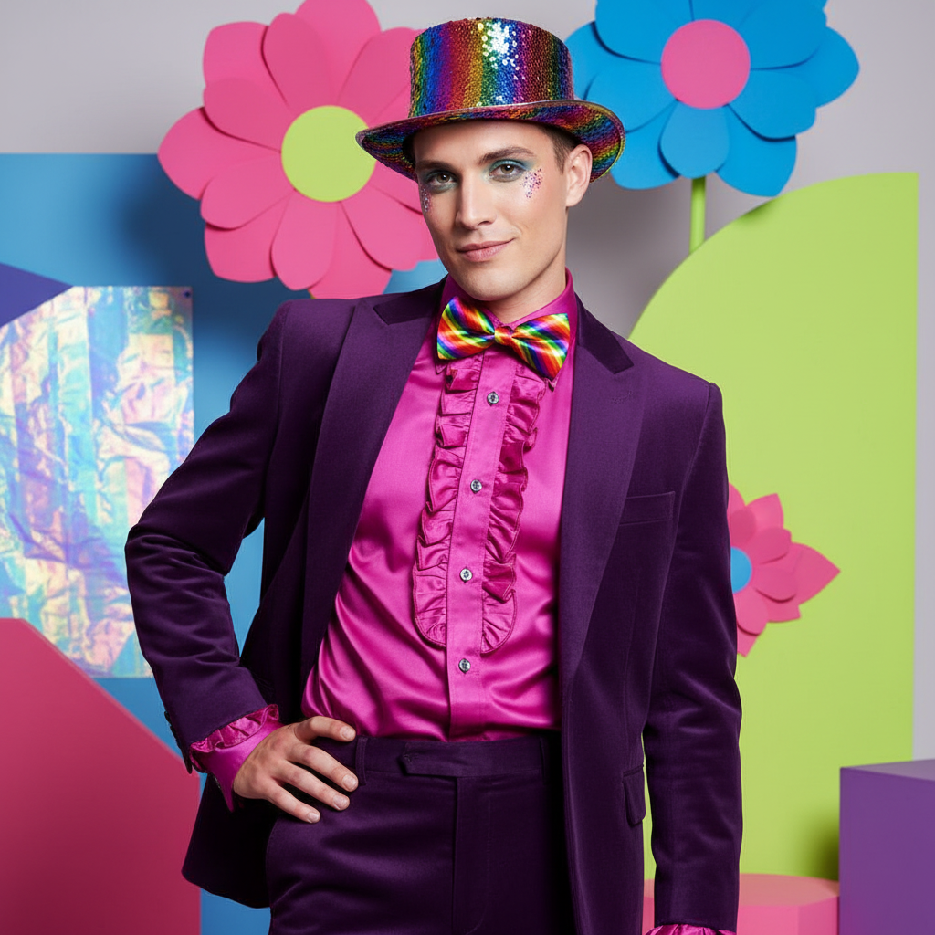 The Colourful Rainbow Bowtie pops on a vibrant fit: purple suit, ruffled pink shirt, sequin rainbow hat, and glitter makeup.