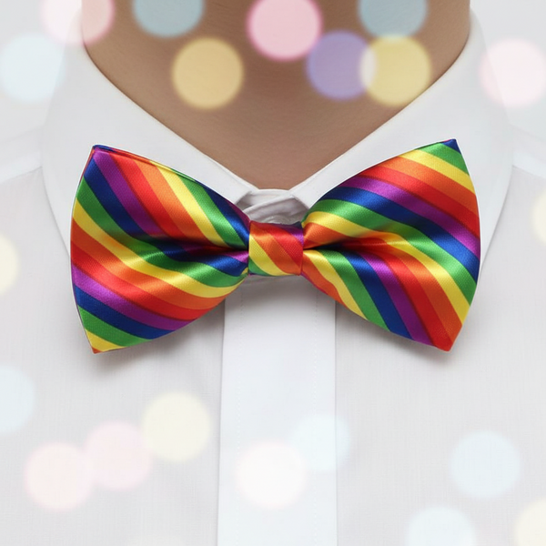 Rainbow-striped bow tie worn with a white shirt, shown in close-up