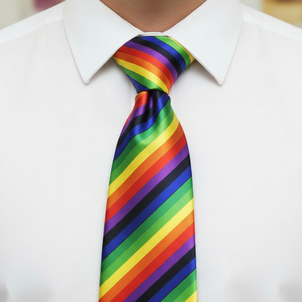 Rainbow striped necktie knotted over a white dress shirt