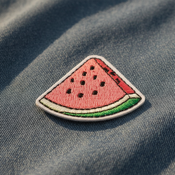 Embroidered watermelon slice iron-on patch resting on blue denim