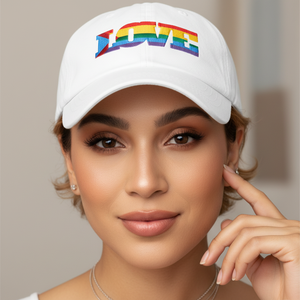 Progress LGBT Love Cap: white hat with "LOVE" embroidered in rainbow colors, worn by a light-skinned woman smiling softly.