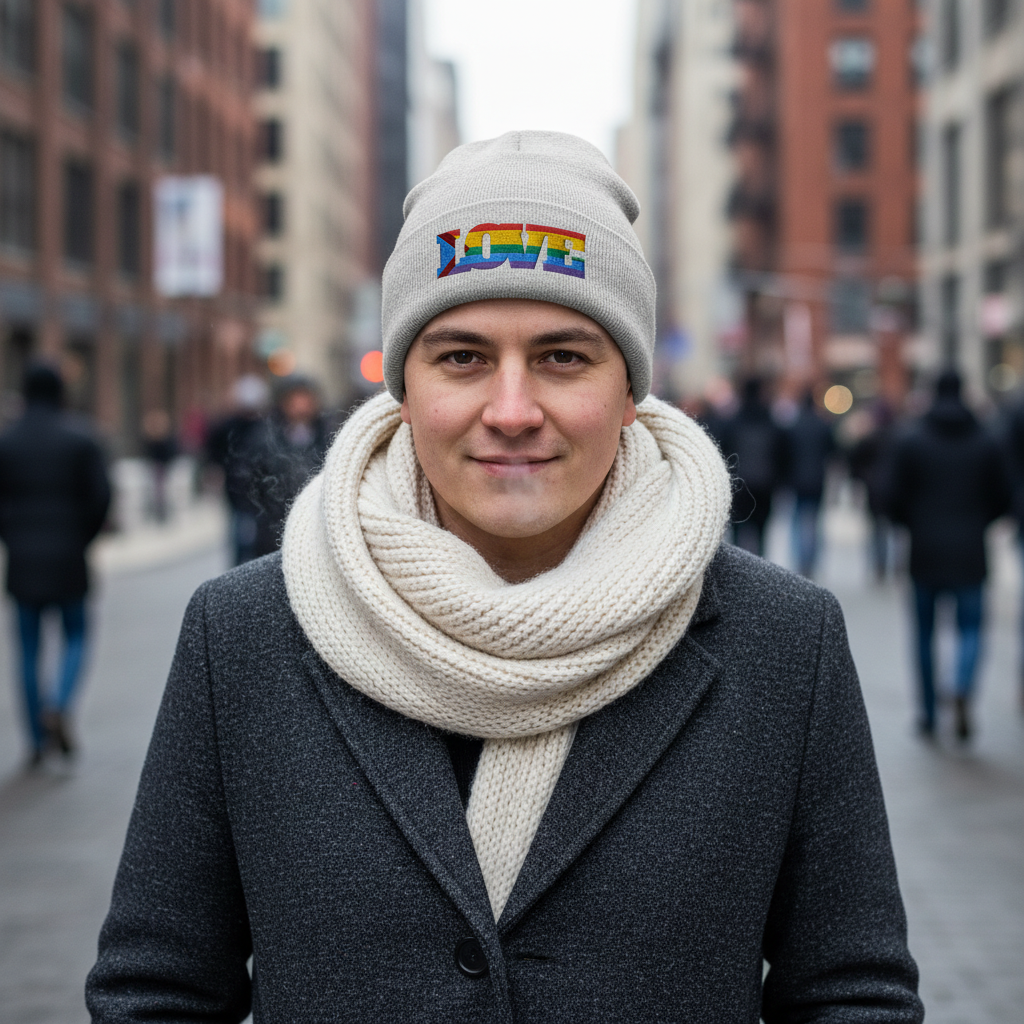 Progress LGBT Love Cuffed Beanie with rainbow "LOVE" logo, worn over a cream scarf and dark coat on a city street