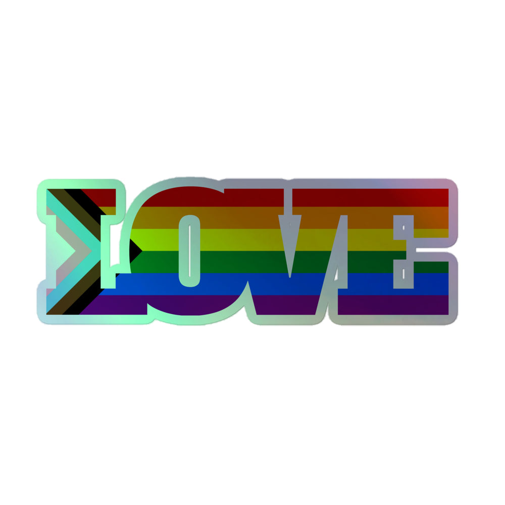 Close-up sticker spelling LOVE in mirrored letters over Progress Pride flag colors