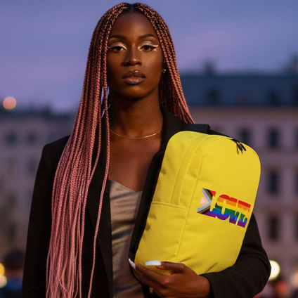Progress LGBT Love Minimalist Backpack with rainbow “LOVE” sticker, held by a femme with pink braids at dusk