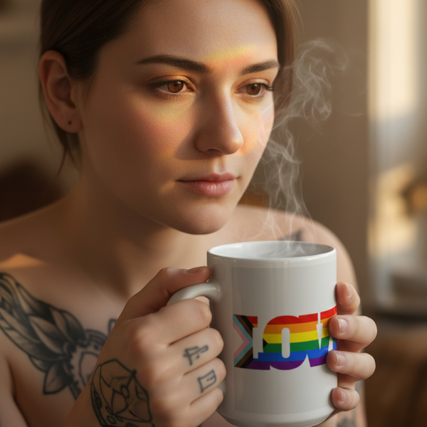 Person holds a steaming white mug with a rainbow “LOVE” design