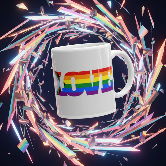 White mug with rainbow-striped LOVE lettering, shown from a slight front angle amid colorful shards